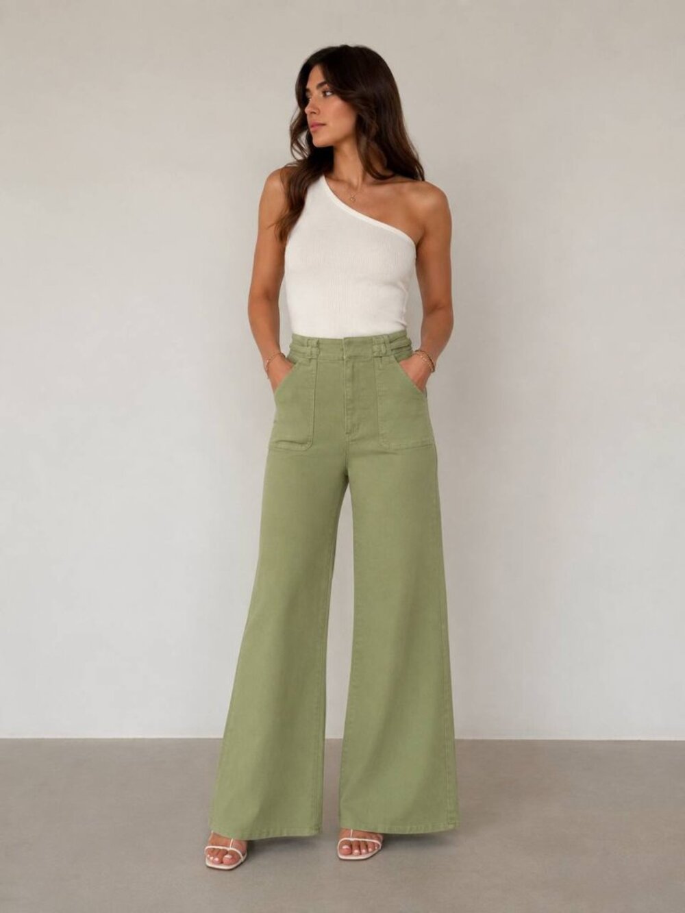 A Loves A High Rise Lattice Pocket Wide Flare Jeans Sage Green Size 29